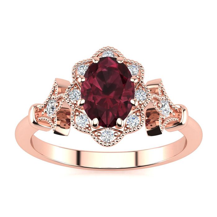 1 Carat Oval Shape Garnet & Halo Diamond Vintage Ring in 14K Rose Gold (3.9 g), , Size 4 by SuperJeweler