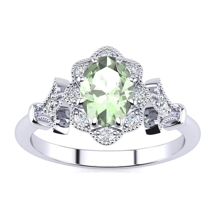 3/4 Carat Oval Shape Green Amethyst & Halo Diamond Vintage Ring in 14K White Gold (3.9 g), , Size 4 by SuperJeweler