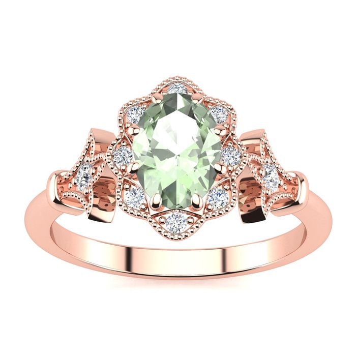 3/4 Carat Oval Shape Green Amethyst & Halo Diamond Vintage Ring in 14K Rose Gold (3.9 g), , Size 4 by SuperJeweler