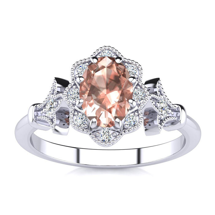 1 Carat Oval Shape Morganite & Halo Diamond Vintage Ring in 14K White Gold (3.9 g), , Size 4 by SuperJeweler