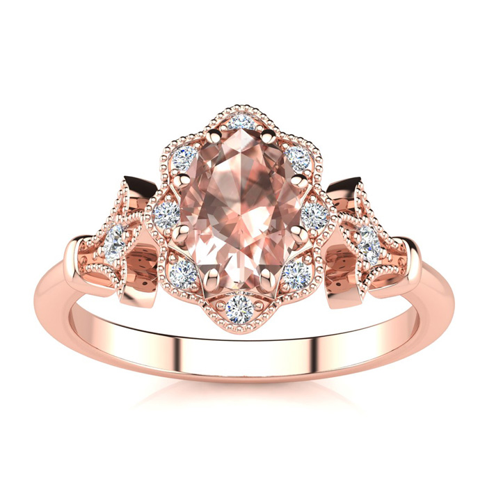 1 Carat Oval Shape Morganite & Halo Diamond Vintage Ring in 14K Rose Gold (3.9 g), , Size 4 by SuperJeweler