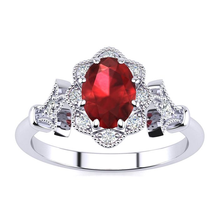 1 Carat Oval Shape Ruby & Halo Diamond Vintage Ring in 14K White Gold (3.9 g), , Size 4 by SuperJeweler