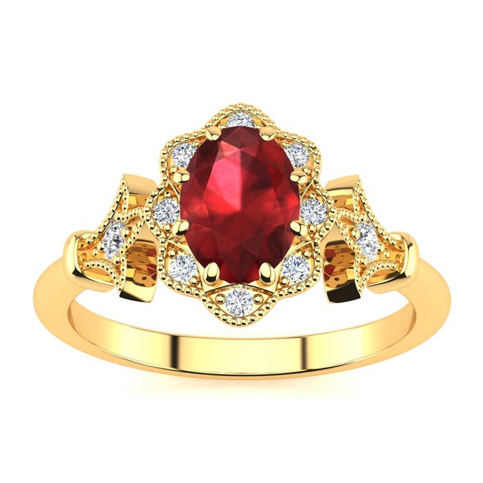 1 Carat Oval Shape Ruby & Halo Diamond Vintage Ring in 14K Yellow Gold (3.9 g), , Size 4 by SuperJeweler