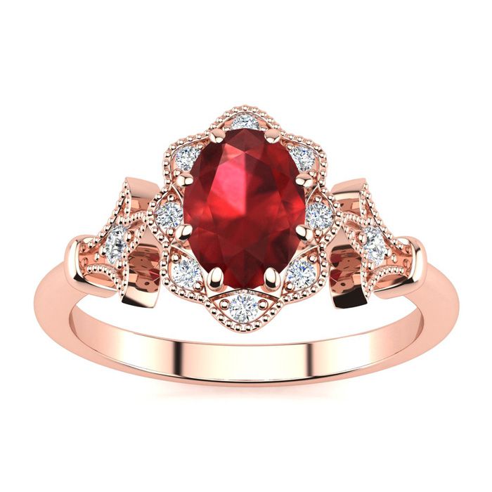 1 Carat Oval Shape Ruby & Halo Diamond Vintage Ring in 14K Rose Gold (3.9 g), , Size 4 by SuperJeweler