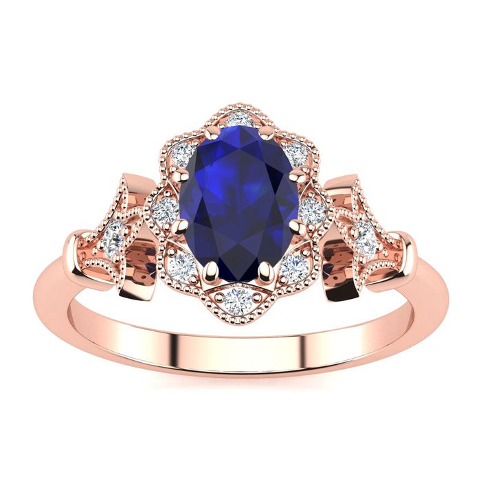 1 Carat Oval Shape Sapphire & Halo Diamond Vintage Ring in 14K Rose Gold (3.9 g), , Size 4 by SuperJeweler