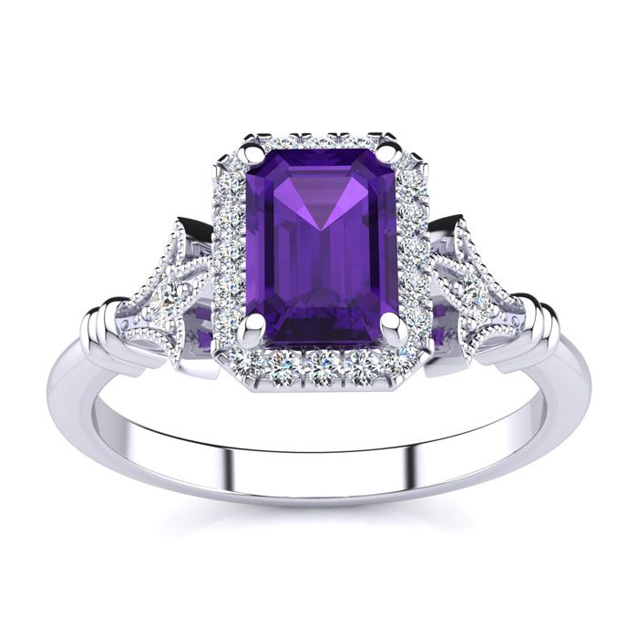 1 Carat Amethyst & Halo Diamond Vintage Ring in 14K White Gold (3.8 g), , Size 4 by SuperJeweler