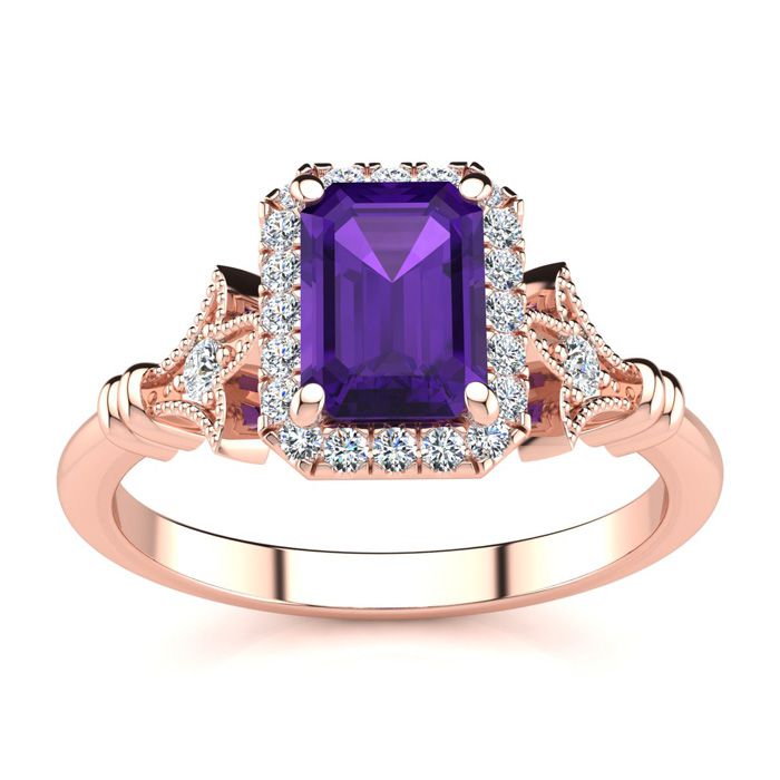 1 Carat Amethyst & Halo Diamond Vintage Ring in 14K Rose Gold (3.8 g), , Size 4 by SuperJeweler