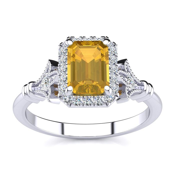 1 Carat Citrine & Halo Diamond Vintage Ring in 14K White Gold (3.8 g), , Size 4 by SuperJeweler