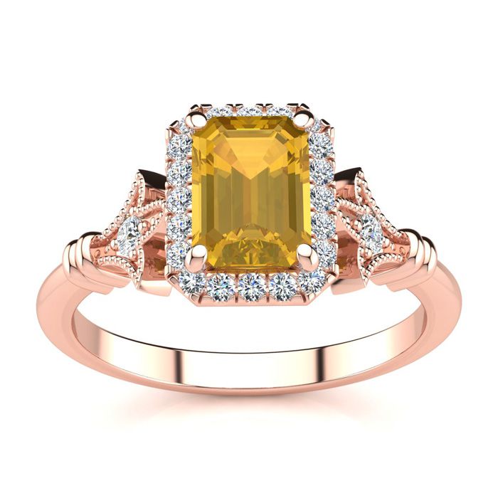 1 Carat Citrine & Halo Diamond Vintage Ring in 14K Rose Gold (3.8 g), , Size 4 by SuperJeweler