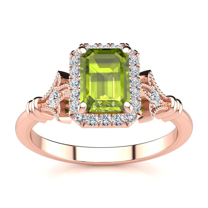 1.5 Carat Peridot & Halo Diamond Vintage Ring in 14K Rose Gold (3.8 g), , Size 4 by SuperJeweler