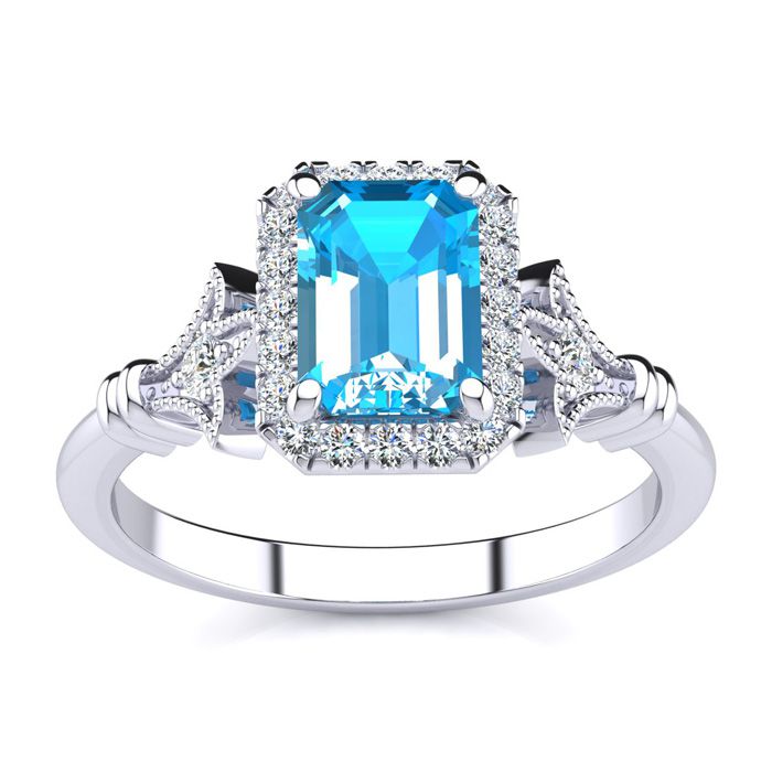 1.5 Carat Blue Topaz & Halo Diamond Vintage Ring in 14K White Gold (3.8 g), , Size 4 by SuperJeweler