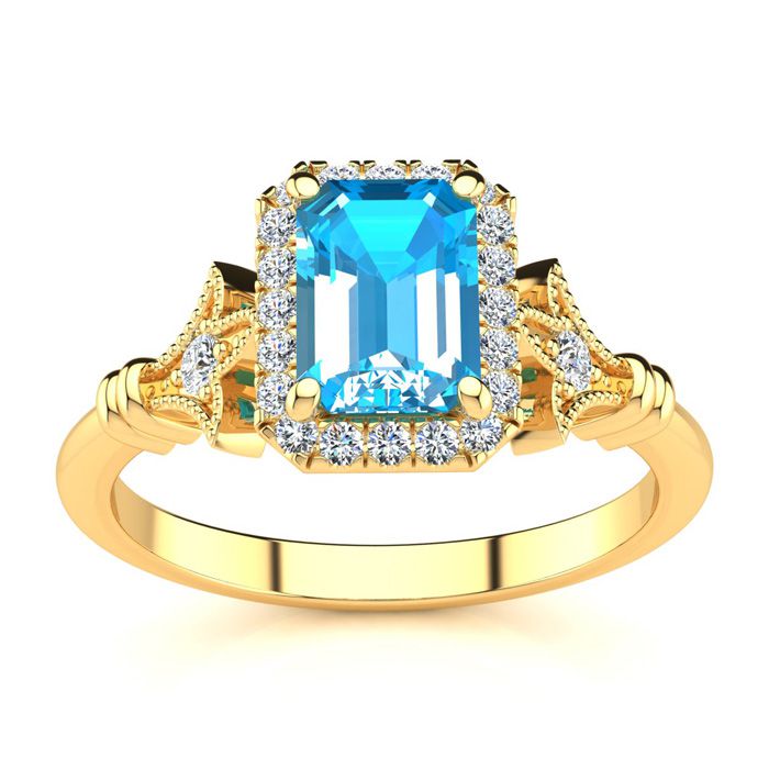 1.5 Carat Blue Topaz & Halo Diamond Vintage Ring in 14K Yellow Gold (3.8 g), , Size 4 by SuperJeweler