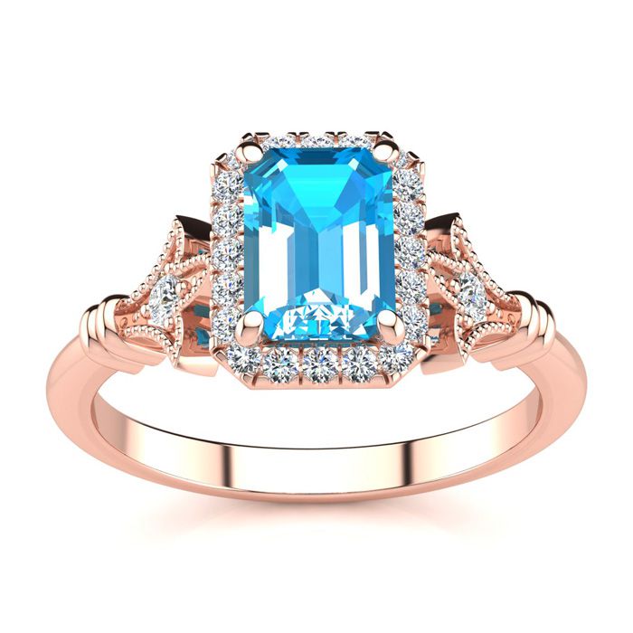 1.5 Carat Blue Topaz & Halo Diamond Vintage Ring in 14K Rose Gold (3.8 g), , Size 4 by SuperJeweler