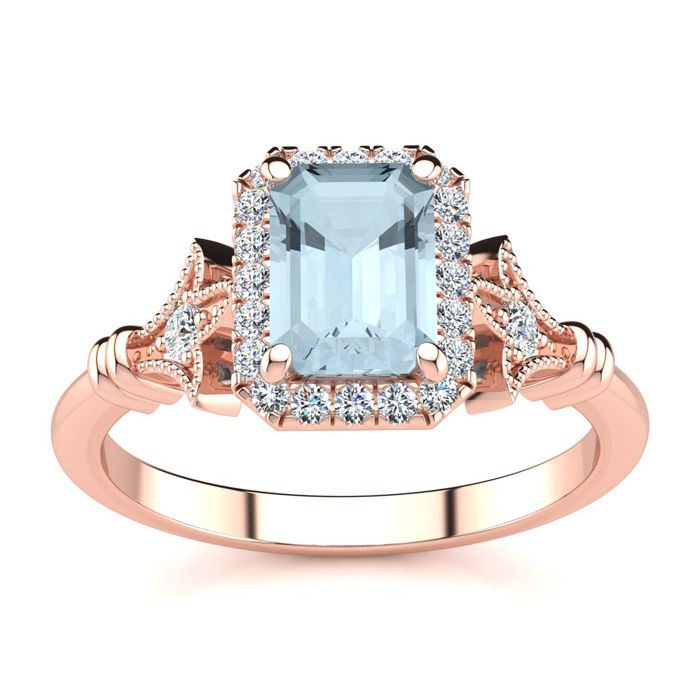 1 Carat Aquamarine & Halo Diamond Vintage Ring in 14K Rose Gold (3.8 g), , Size 4 by SuperJeweler