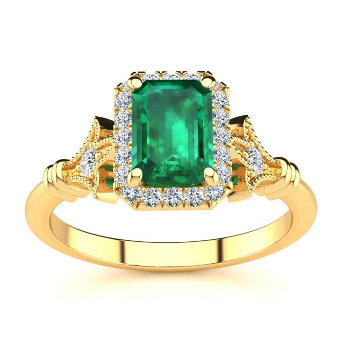 1 Carat Emerald Cut & Halo Diamond Vintage Ring in 14K Yellow Gold (3.8 g), , Size 4 by SuperJeweler