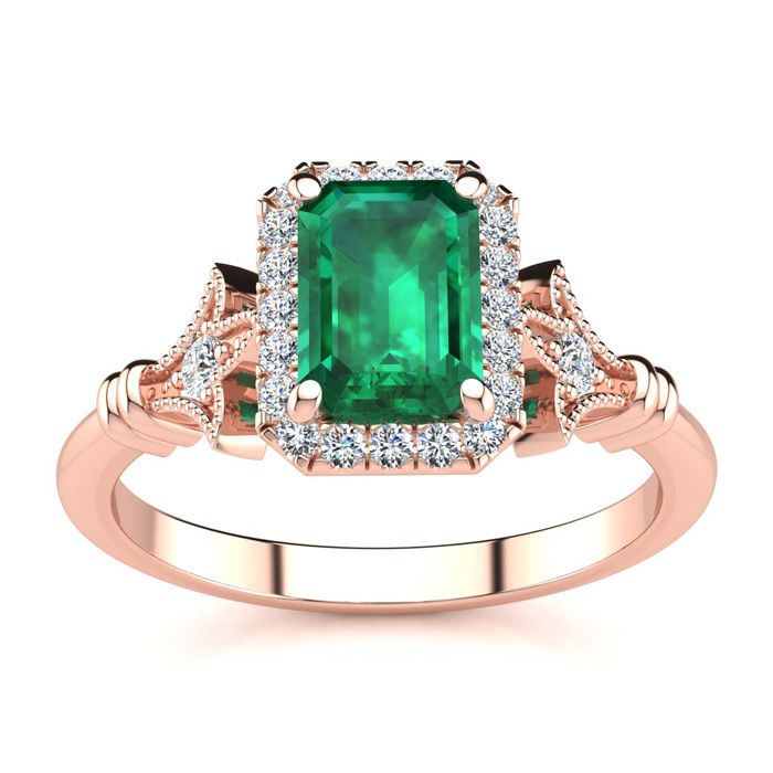 1 Carat Emerald Cut & Halo Diamond Vintage Ring in 14K Rose Gold (3.8 g), , Size 4 by SuperJeweler