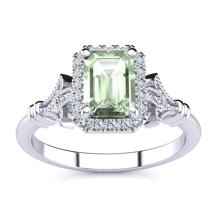 1 Carat Green Amethyst & Halo Diamond Vintage Ring In 14K White Gold (3.8 G), H/I By SuperJeweler