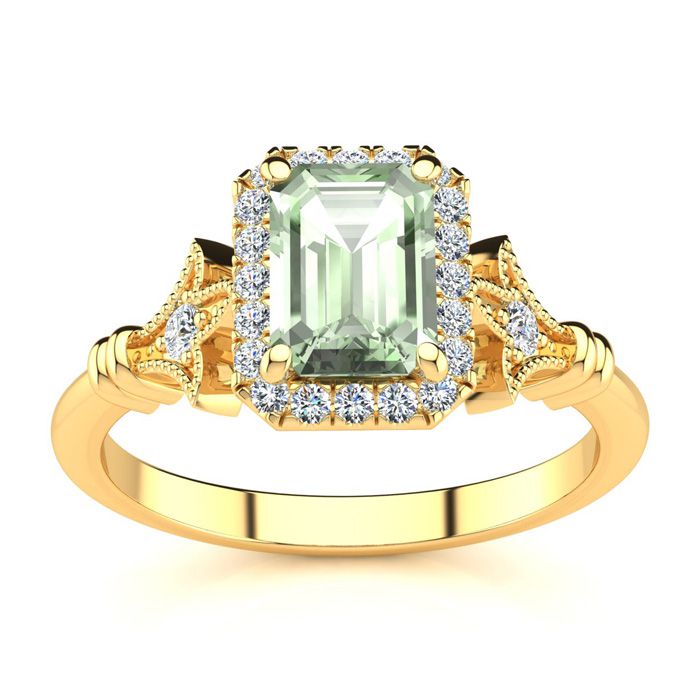 1 Carat Green Amethyst & Halo Diamond Vintage Ring in 14K Yellow Gold (3.8 g), , Size 4 by SuperJeweler