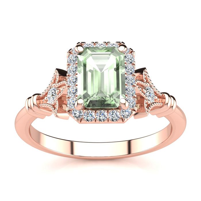 1 Carat Green Amethyst & Halo Diamond Vintage Ring in 14K Rose Gold (3.8 g), , Size 4 by SuperJeweler