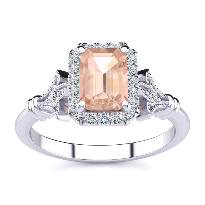 1 Carat Morganite & Halo Diamond Vintage Ring in 14K White Gold (3.8 g), , Size 4 by SuperJeweler