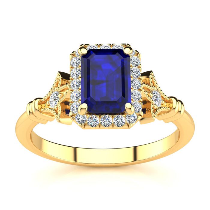 1.5 Carat Sapphire & Halo Diamond Vintage Ring in 14K Yellow Gold (3.8 g), , Size 4 by SuperJeweler