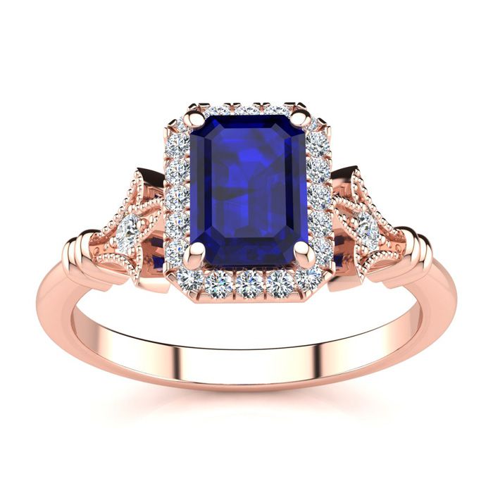 1.5 Carat Sapphire & Halo Diamond Vintage Ring in 14K Rose Gold (3.8 g), , Size 4 by SuperJeweler