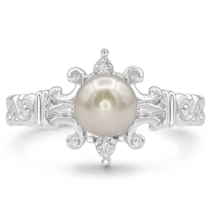 Round Freshwater Cultured Pearl & 2 Diamond Ring in 14K White Gold (2.4 g), , Size 4 by SuperJeweler