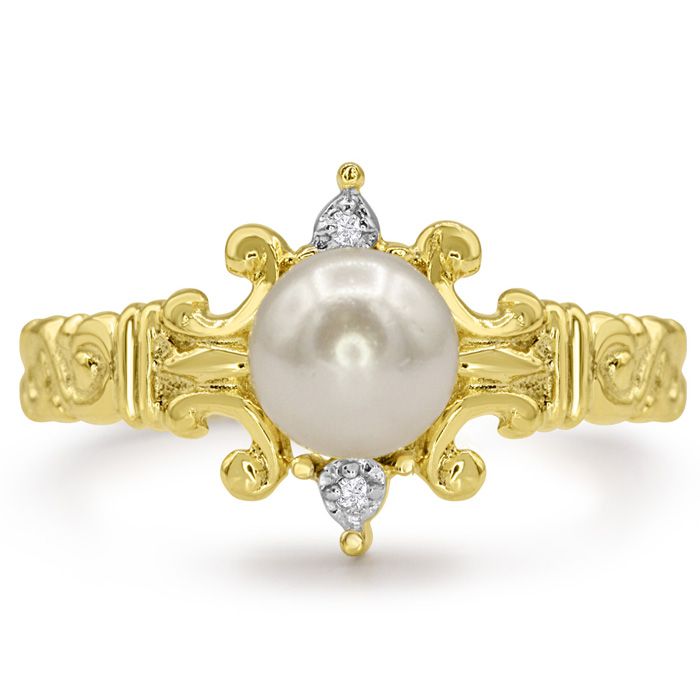 Round Freshwater Cultured Pearl & 2 Diamond Ring in 14K Yellow Gold (2.4 g), , Size 4 by SuperJeweler