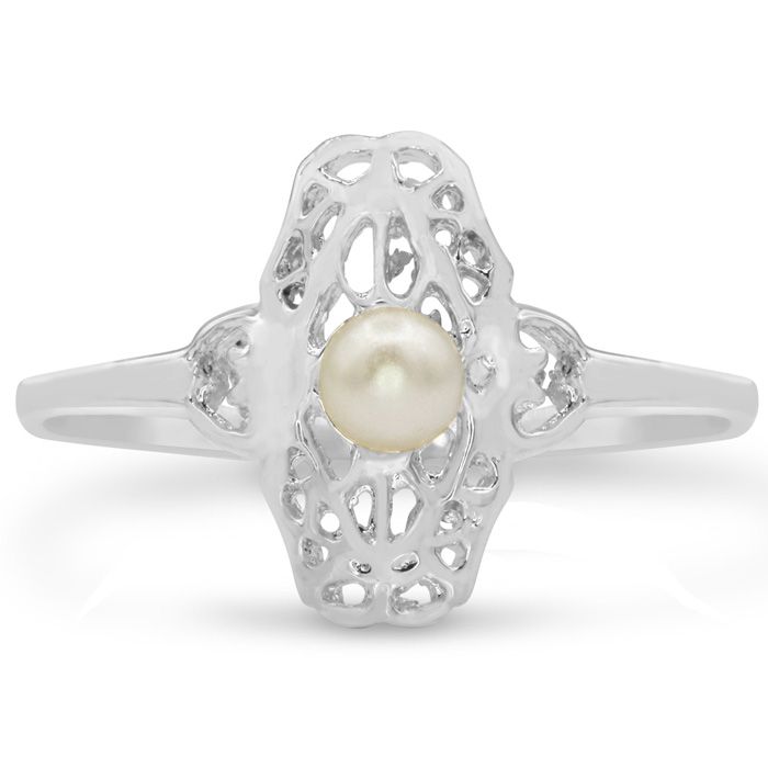 Round Freshwater Cultured Pearl Vintage Ring in 14K White Gold (1.6 g), Size 4 by SuperJeweler