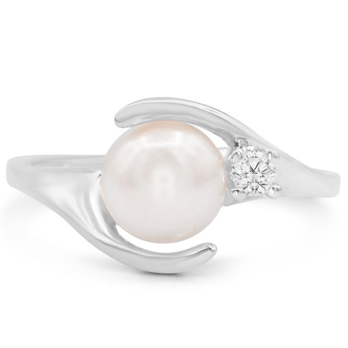 Round Freshwater Cultured Pearl & 1 Diamond Ring in 14K White Gold (2.7 g), , Size 4 by SuperJeweler