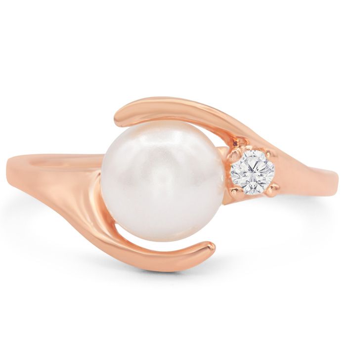 Round Freshwater Cultured Pearl & 1 Diamond Ring in 14K Rose Gold (2.7 g), , Size 4 by SuperJeweler
