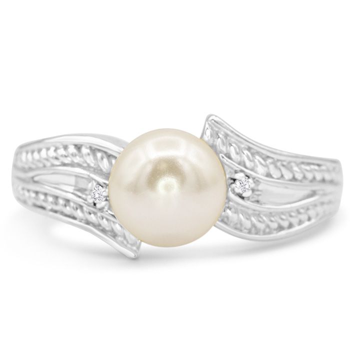 Round Freshwater Cultured Pearl & Diamond Vintage Ring in 14K White Gold (3 g), , Size 4 by SuperJeweler