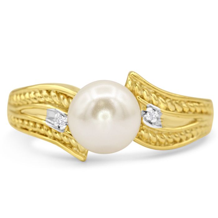 Round Freshwater Cultured Pearl & Diamond Vintage Ring in 14K Yellow Gold (3 g), , Size 4 by SuperJeweler
