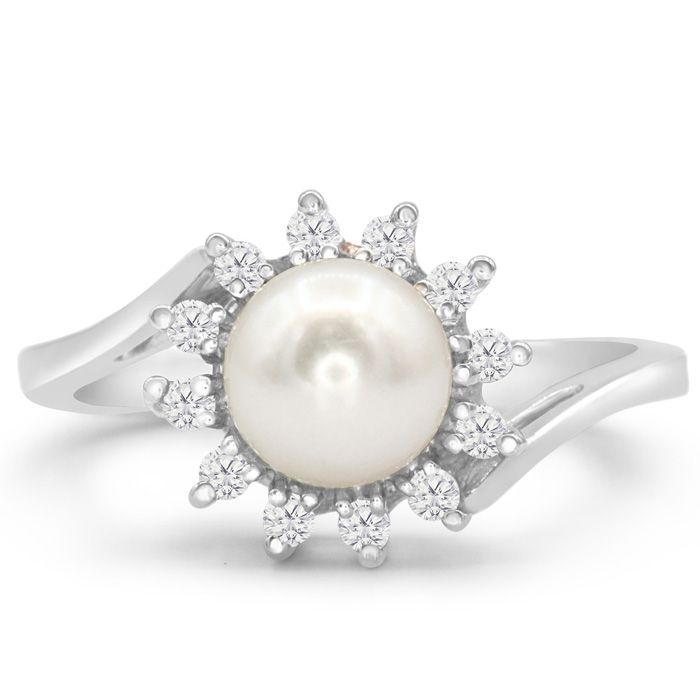 Round Freshwater Cultured Pearl & 1/4 Carat Halo 12 Diamond Ring in 14K White Gold (3 g), , Size 4 by SuperJeweler