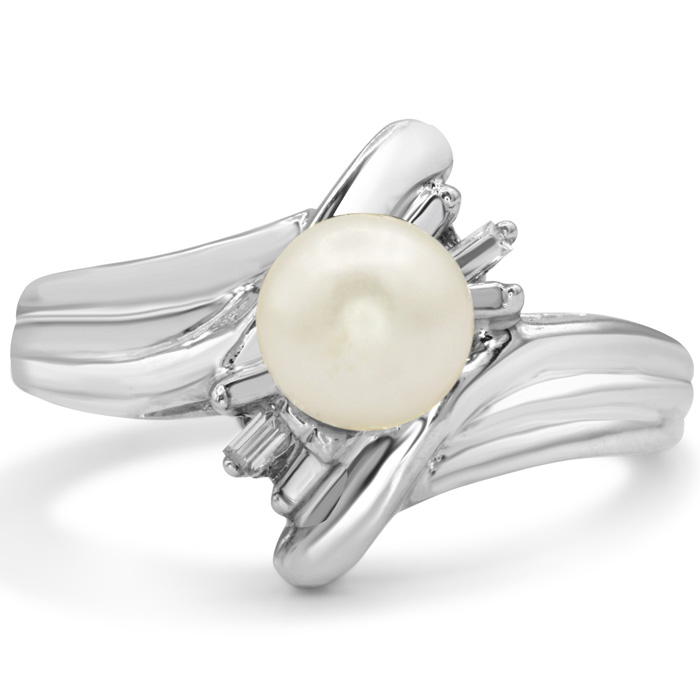 Round Freshwater Cultured Pearl & Baguette 2 Diamond Ring in 14K White Gold (2.5 g), , Size 4 by SuperJeweler
