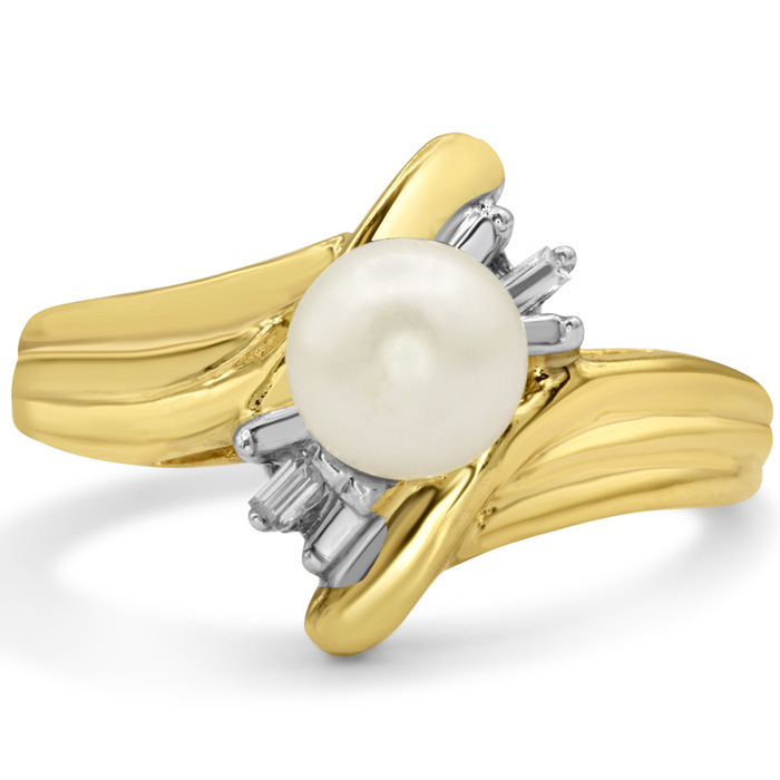 Round Freshwater Cultured Pearl & Baguette 2 Diamond Ring in 14K Yellow Gold (2.5 g), , Size 4 by SuperJeweler