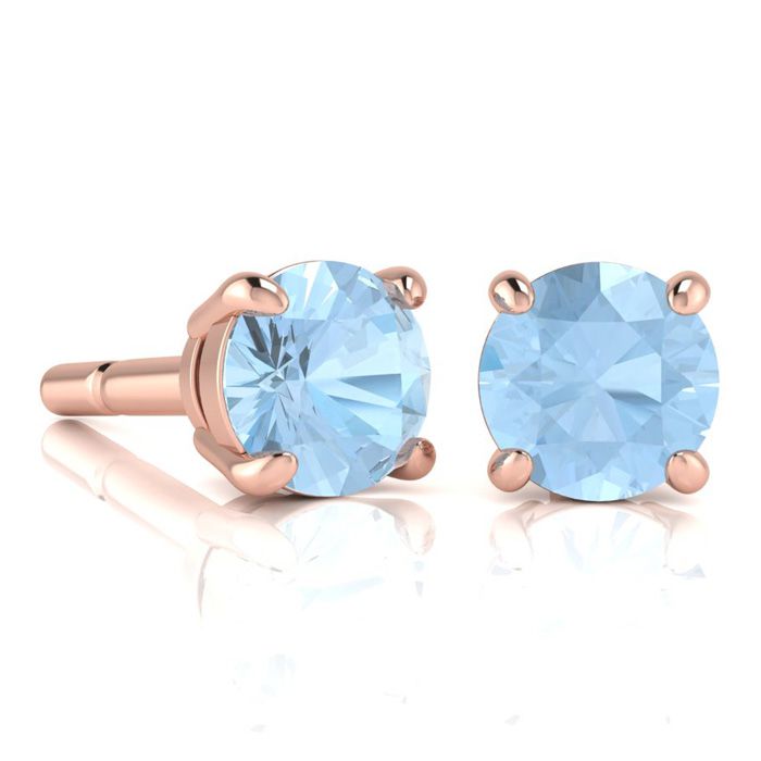 1 3/4 Carat Round Shape Aquamarine Stud Earrings In 14K Rose Gold Over  Sterling Silver