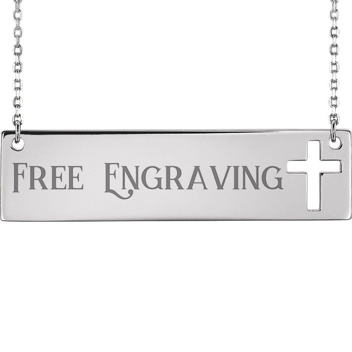 14K White Gold (5.5 g) Cross Bar Necklace w/ Free Custom Engraving, 16 Inches by SuperJeweler