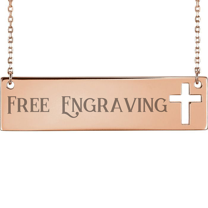 14K Rose Gold (5.5 g) Cross Bar Necklace w/ Free Custom Engraving, 16 Inches by SuperJeweler