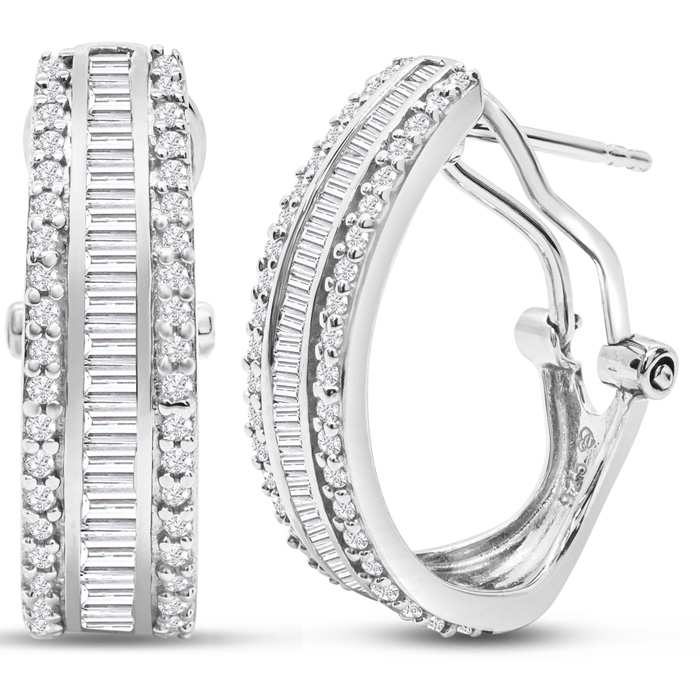 1 Carat Baguette and Round Colorless Diamond Hoop Earrings In Sterling  Silver. Amazing Looking For A Great Price!