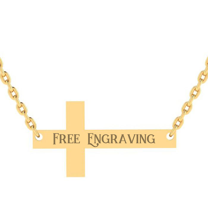 14K Yellow Gold (1 gram) Over Sterling Silver Sideways Cross Necklace w/ Free Custom Engraving, 18 Inches by SuperJeweler
