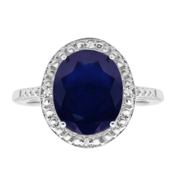 4 Carat Oval Shape Sapphire & Halo 4 Diamond Ring in Sterling Silver, , Size 4 by SuperJeweler