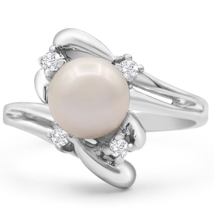 Round Freshwater Cultured Pearl & 1/10 Carat 4 Diamond Ring in 14K White Gold (4.30 g), , Size 4 by SuperJeweler