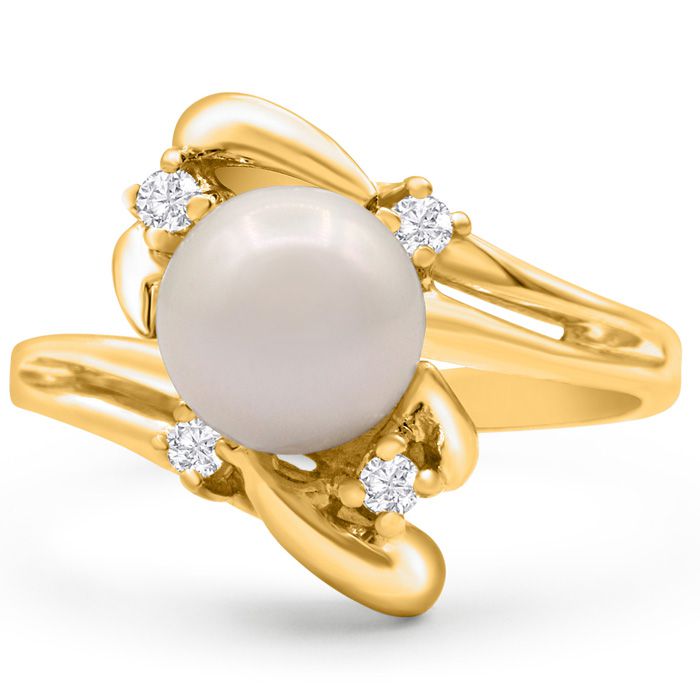 Round Freshwater Cultured Pearl & 1/10 Carat 4 Diamond Ring in 14K Yellow Gold (4.30 g), , Size 4 by SuperJeweler
