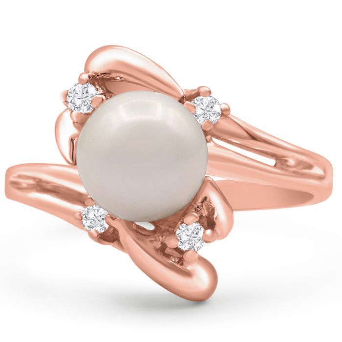 Round Freshwater Cultured Pearl & 1/10 Carat 4 Diamond Ring in 14K Rose Gold (4.30 g), , Size 4 by SuperJeweler