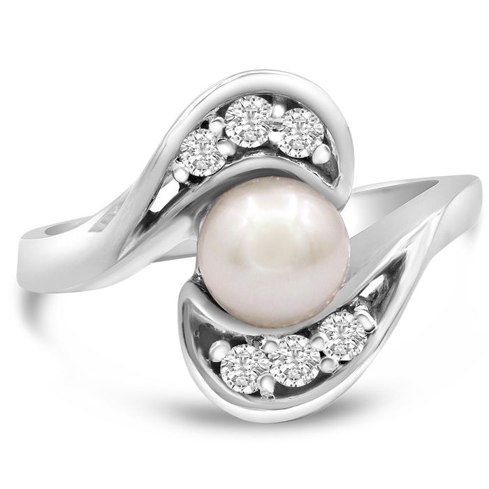 Round Freshwater Cultured Pearl & 1/5 Carat 6 Diamond Ring in 14K White Gold (5.60 g), , Size 4 by SuperJeweler