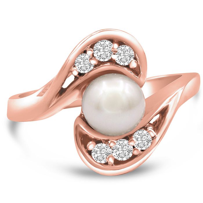 Round Freshwater Cultured Pearl & 1/5 Carat 6 Diamond Ring in 14K Rose Gold (5.60 g), , Size 4 by SuperJeweler