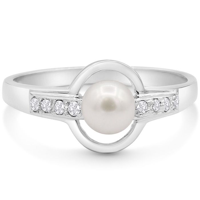 Round Freshwater Cultured Pearl & Diamond Accent Ring in 14K White Gold (5.60 g), , Size 4 by SuperJeweler