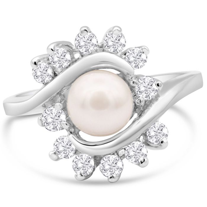Round Freshwater Cultured Pearl & 1/2 Carat Halo 10 Diamond Ring in 14K White Gold (3.30 g), , Size 4 by SuperJeweler