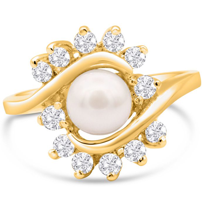 Round Freshwater Cultured Pearl & 1/2 Carat Halo 10 Diamond Ring in 14K Yellow Gold (4.70 g), , Size 4 by SuperJeweler